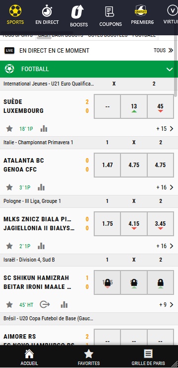 Vue de l'App dans l'onglet Sports